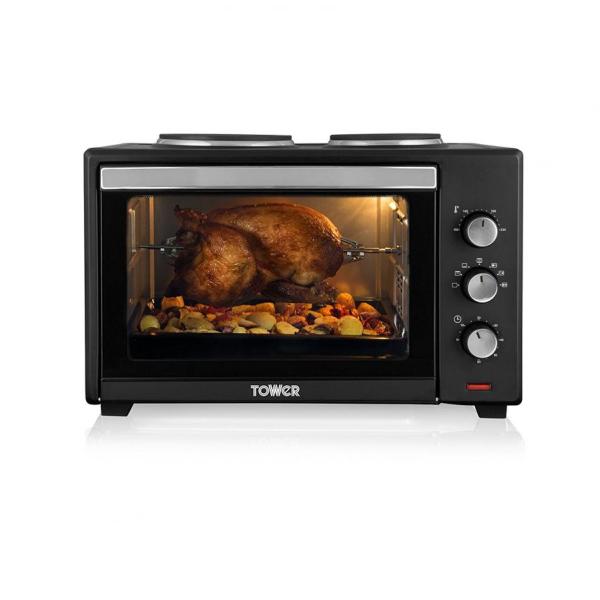 Tower T14014 Mini Oven with Double Hotplates and Rotisserie, 3 Oven