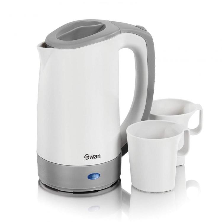 Swan SK19010N Dual Voltage Travel Kettle with Two Tea Cups 125w 600w 0.5L White Grey