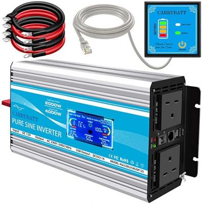 CARRYBATT 2000W Pure Sine Wave Power Inverter DC 12V to AC 230V 240V LCD display Converter With Remote Control, dual AC outlets,Dual cooling fans &1 USB Port for RV Truck Car  220-240 volts Not FOR USA