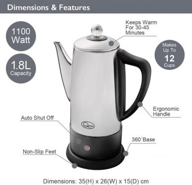 Quest 35200 Electric Coffee Percolator / 1.8L Stainless Steel Filter 220-240 volts Coffee Machine