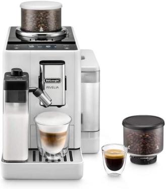 De'Longhi Rivelia EXAM440.55.W Fully Automatic Coffee Machine, LatteCrema Milk System, Interchangeable Bean Container, 16 Coffee/Milk Drinks, Extra Shot Function, 3.5 Inch Touch Display, White 220-240 volts