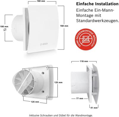 Bosch bathroom ventilator Fan 1500 W 100 - for ventilation in the bathroom and toilet against moisture and mold - white, 100 mm diameter 220-240 volts